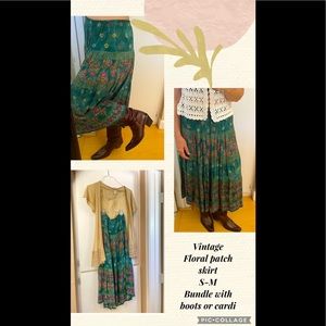 VINTAGE Elastic Waist Printed Maxi Skirt Green Floral